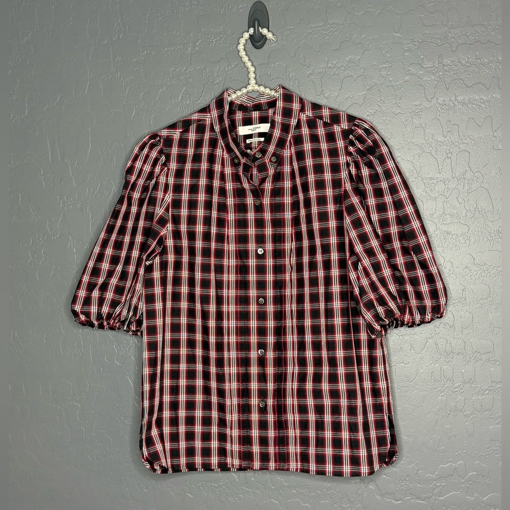 Isabel Etoile Marant Plaid Button-Up Shirt Puff Sleeves in Black and Red